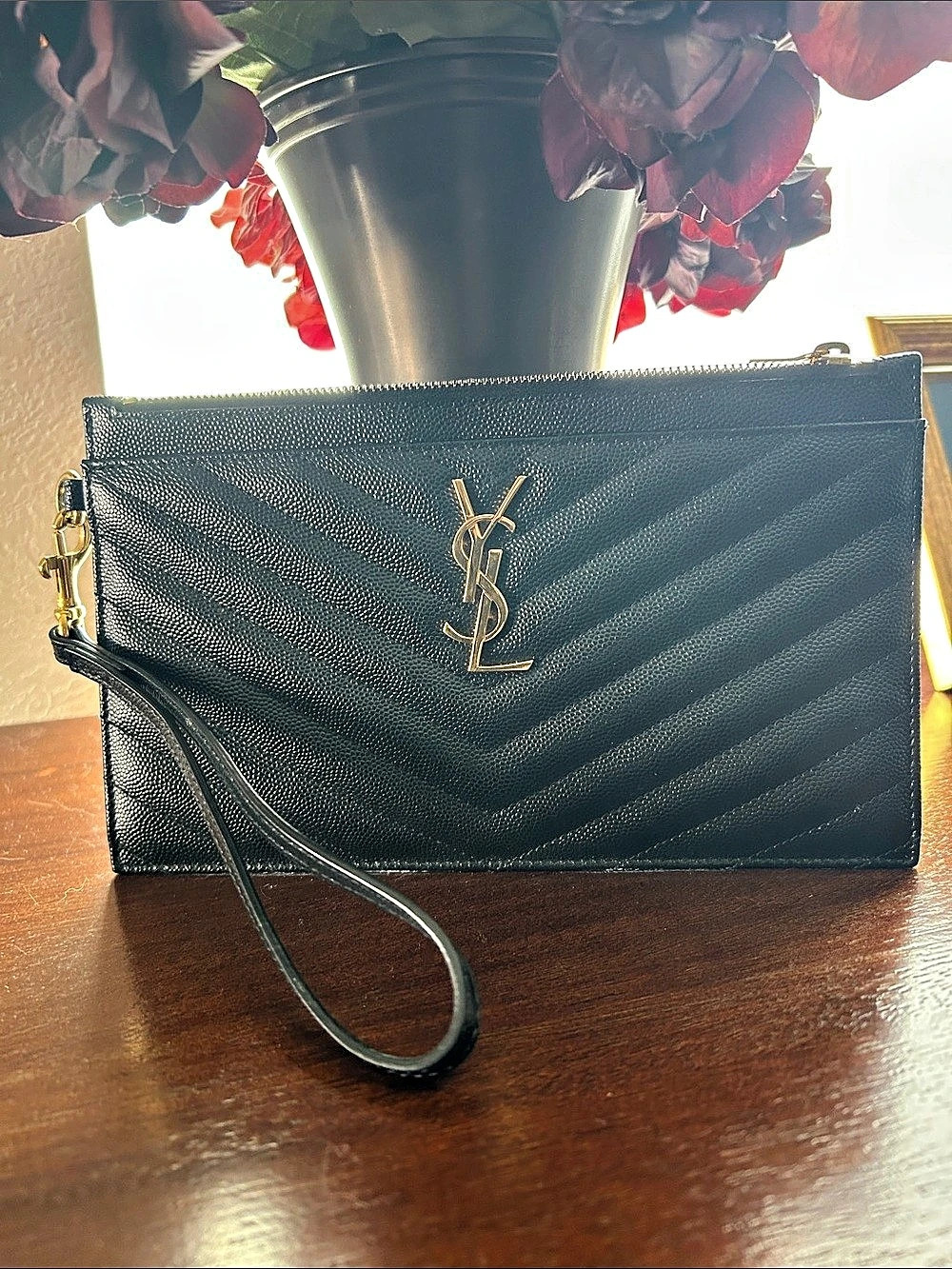 Saint Laurent Monogram Matelasse Fragment Zip Pouch Wristlet Black